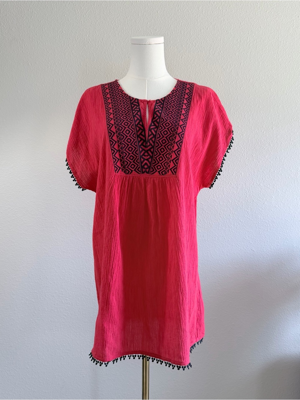 J CREW Red Crinkled Cotton Embroidered Trim Keyhole Neck Tunic Top‎ S Beach Boho